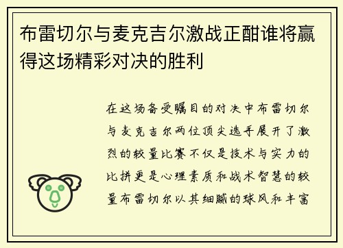 布雷切尔与麦克吉尔激战正酣谁将赢得这场精彩对决的胜利