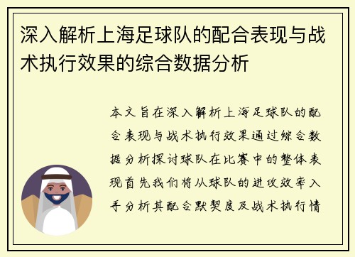 深入解析上海足球队的配合表现与战术执行效果的综合数据分析