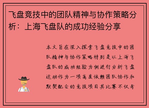 飞盘竞技中的团队精神与协作策略分析：上海飞盘队的成功经验分享
