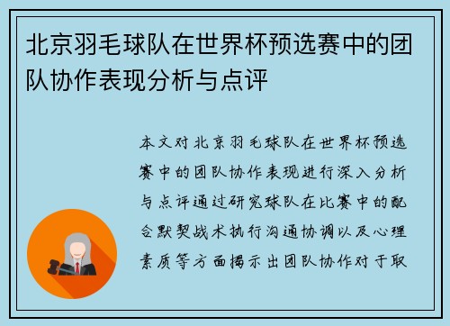 北京羽毛球队在世界杯预选赛中的团队协作表现分析与点评