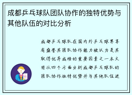 成都乒乓球队团队协作的独特优势与其他队伍的对比分析