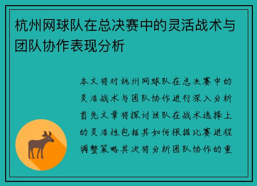 杭州网球队在总决赛中的灵活战术与团队协作表现分析