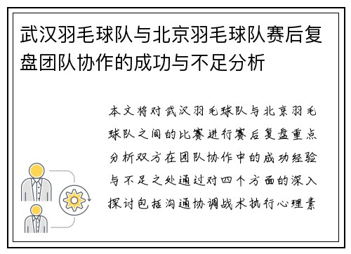武汉羽毛球队与北京羽毛球队赛后复盘团队协作的成功与不足分析