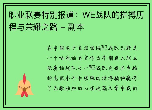 职业联赛特别报道：WE战队的拼搏历程与荣耀之路 - 副本