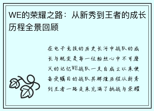 WE的荣耀之路：从新秀到王者的成长历程全景回顾